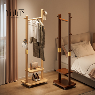 新款实木衣帽架中古风挂衣架落地卧室可移动室内晾衣服架入门衣架