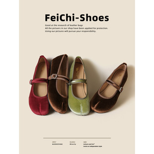 小香风红色猪蹄分趾鞋法式玛丽珍鞋女平底芭蕾单鞋大码女鞋41-43