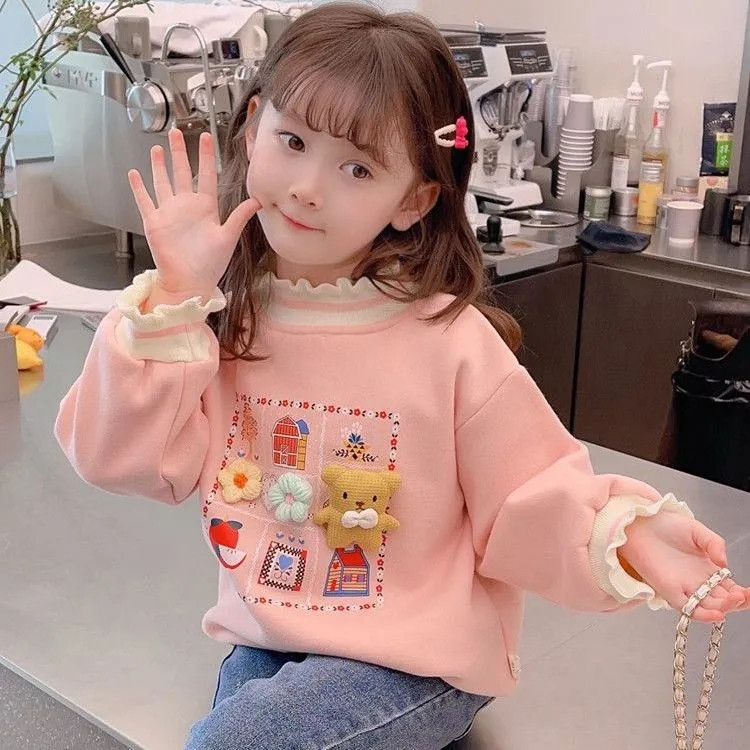 女童加绒卫衣冬装2024新款女孩洋气木耳边半高领儿童加厚保暖上衣