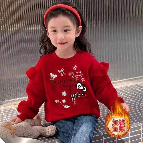 女童加绒加厚国风红色卫衣秋冬