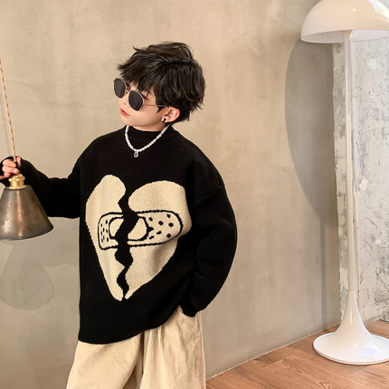 男童套头毛衣秋冬装2024韩版洋气爱心宽松儿童个性潮牌针织衫潮男