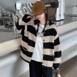 洋氣兒童裝 女童條紋毛衣開衫 2024新款 女孩韓版 春秋季 連帽針織外套