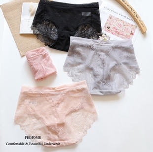 加大码 短裤 N407 中高腰女生女式 花朵图案网纱蕾丝包臀无痕女士内裤