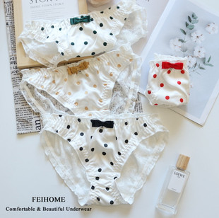 N575舒适女士中低腰缎布拼蕾丝波点甜美可爱舒适女生内裤