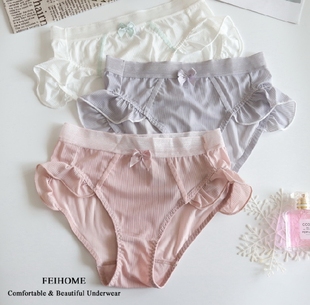 N545舒适女士中高腰条纹牛奶丝荷叶边甜美可爱女生内裤