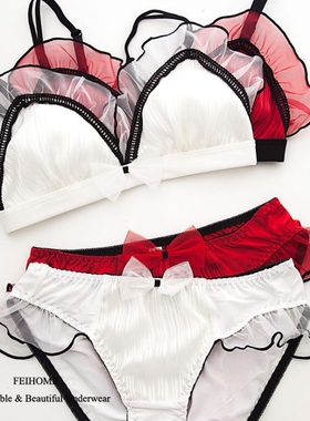 T23喜庆红色纯净白色无钢圈内衣套装蕾丝公主蝴蝶结甜美舒适文胸