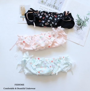 舒适女士女式 N351 中低腰纯棉拼雪纺蝴蝶结可爱木耳边透气女生内裤