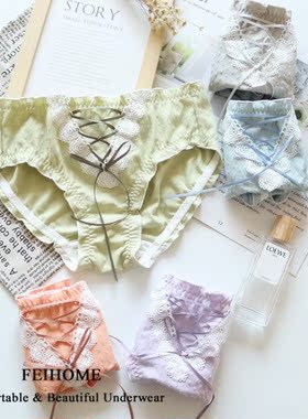 N658女士中腰提花纯棉配丝带女式短裤透气女生舒适包臀内裤M/L/XL