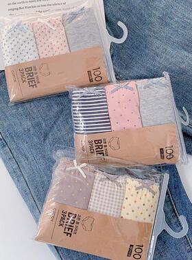 3条外贸韩单内裤女全棉中腰短裤头舒适透气纯棉格子印花三角底裤