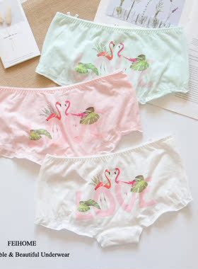 特价清仓舒适中低腰纯棉可爱火烈鸟印花小平角包臀女生内裤N379