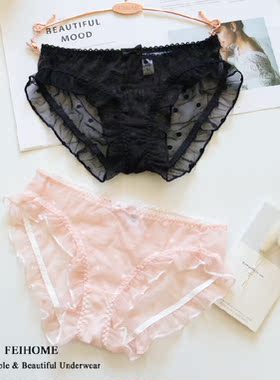 N435舒适女士低腰性感波点蕾丝春夏季透气薄款女生内裤黑色M/L/XL