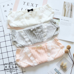 N282女士舒适中腰弹力螺纹纯棉拼蕾丝透气女生少女内裤