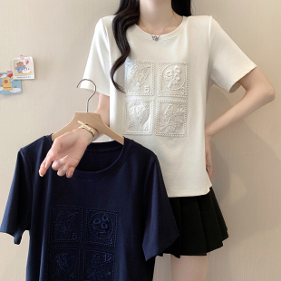 今喜加衣~2026年夏季新款大码女装重工刺绣圆领T恤短袖上衣