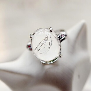 白水晶水胆戒指银镶嵌天然白水晶水胆无加工支持任何检测
