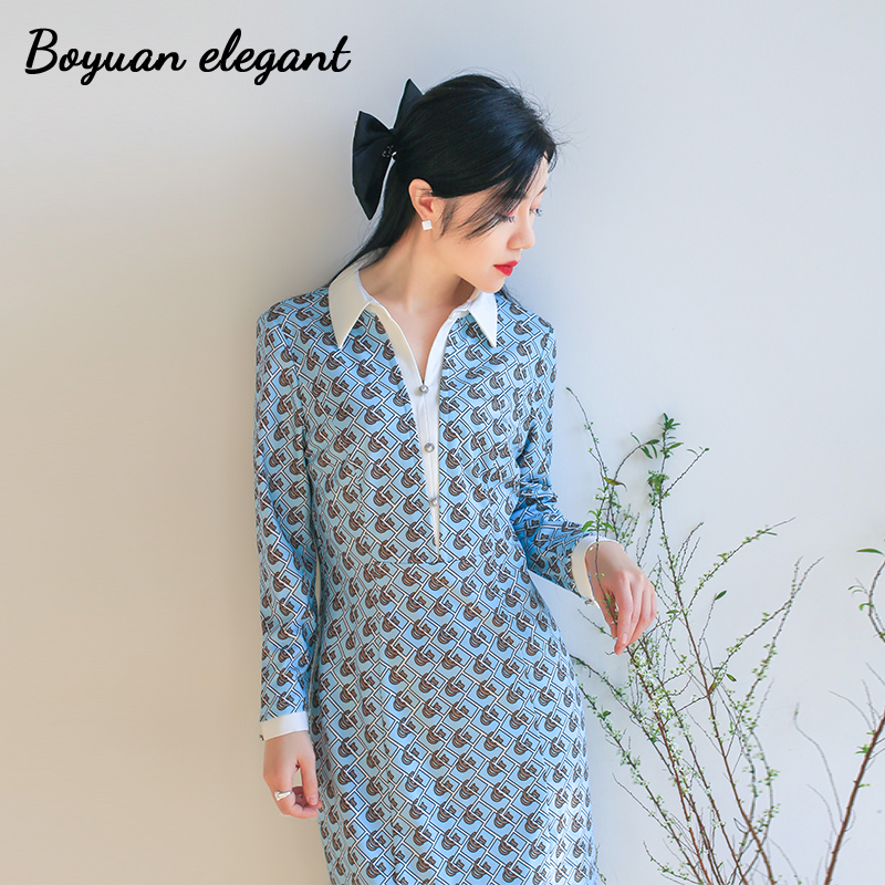 蓝色高级感气质连衣裙女