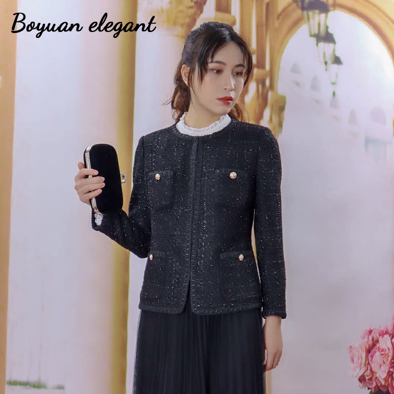 黑色名媛高级感小香风毛呢外套女