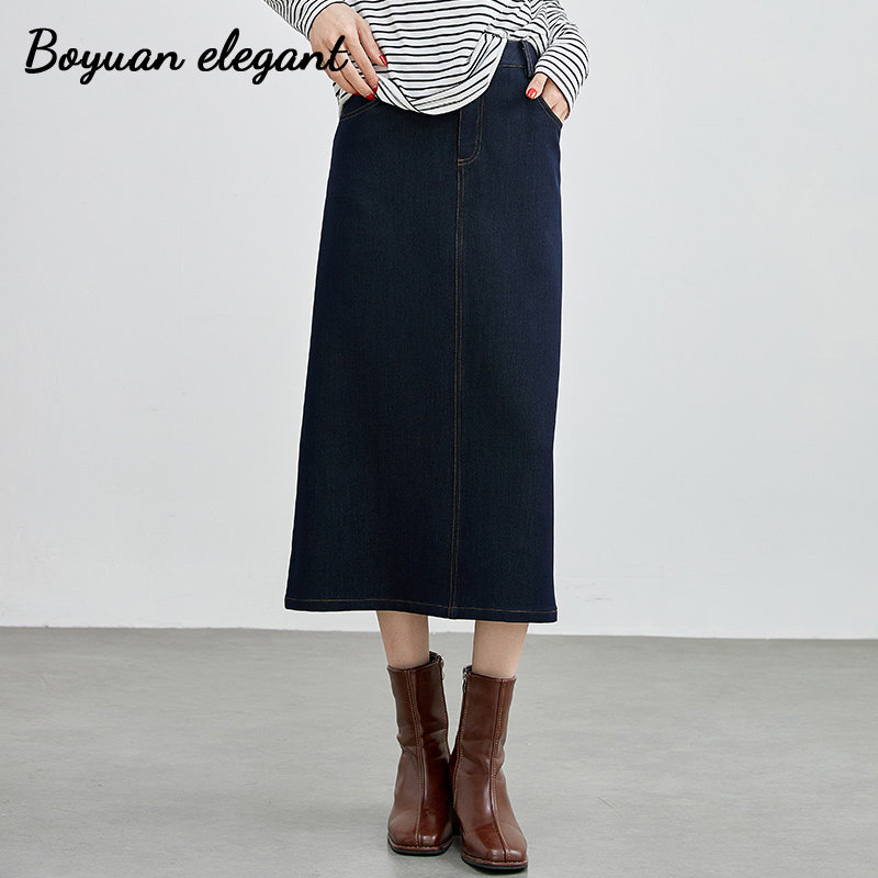 柏媛时尚复古后开叉牛仔半身裙女2026新款通勤高腰显瘦长款直筒裙