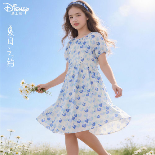 迪士尼女童连衣裙2026夏季新款儿童纯棉裙子中大童洋气碎花公主裙