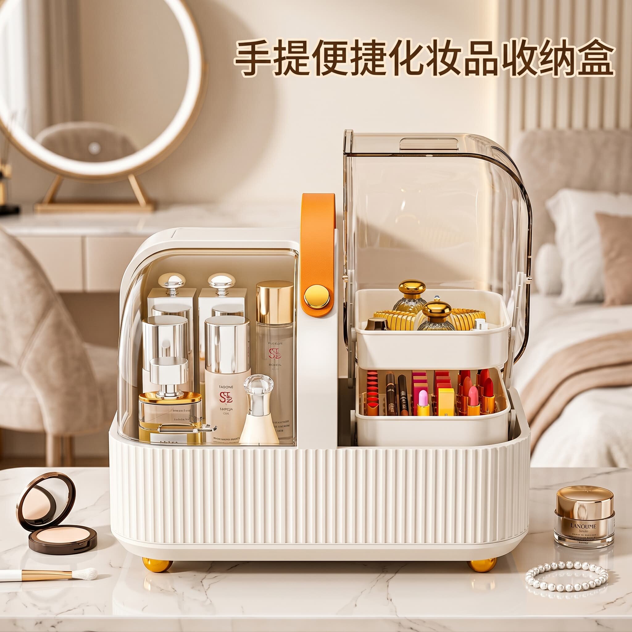 手提便捷化妆品护肤品收纳盒首饰香水带盖防尘盒子家用分格药箱