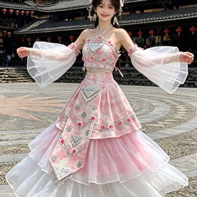 新款苗族服装女少数民族土家族苗族高端侗族白色婚礼服演出服摄影