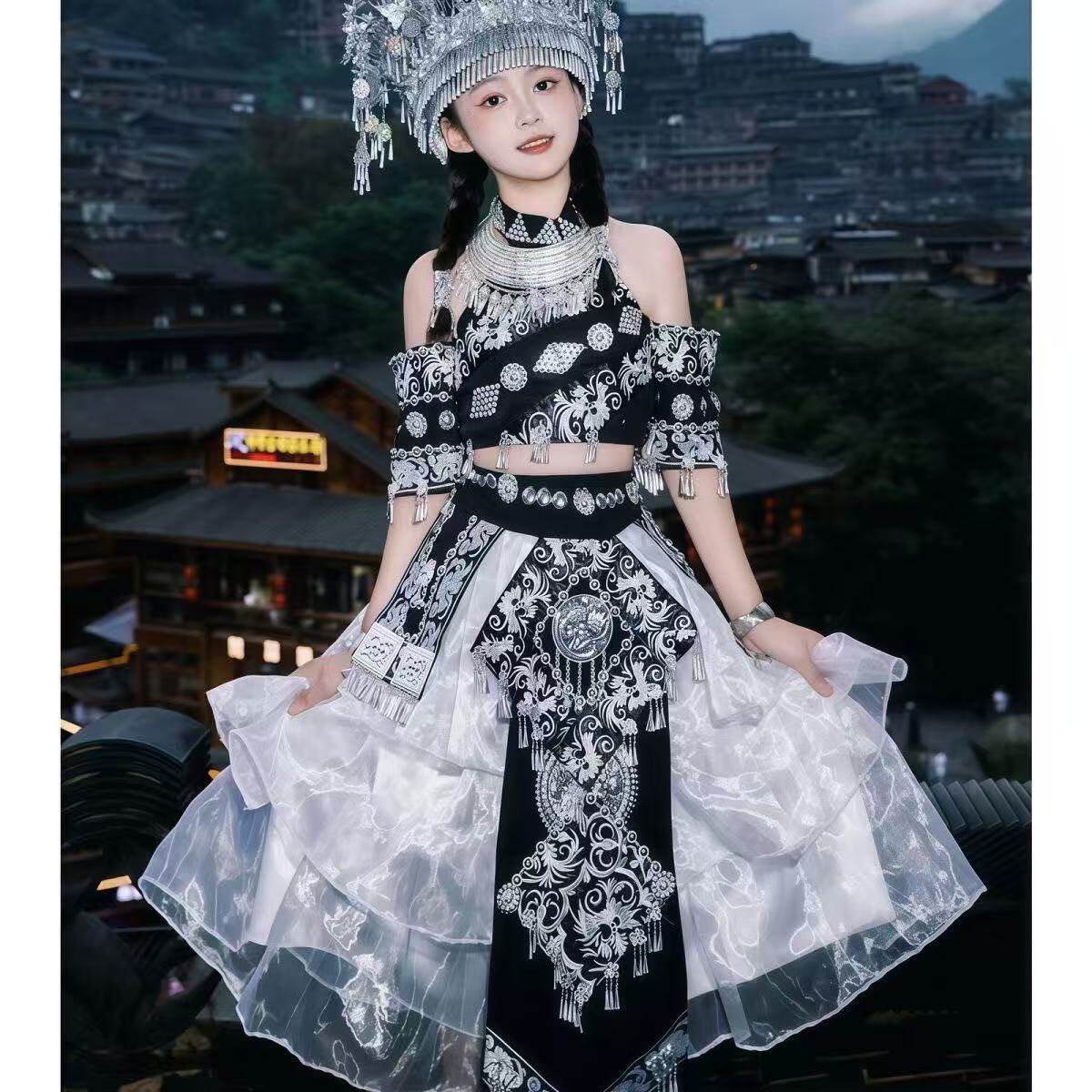 新款苗疆少女服装黑色套装超仙民族苗疆苗族写真显瘦全套旅拍服装