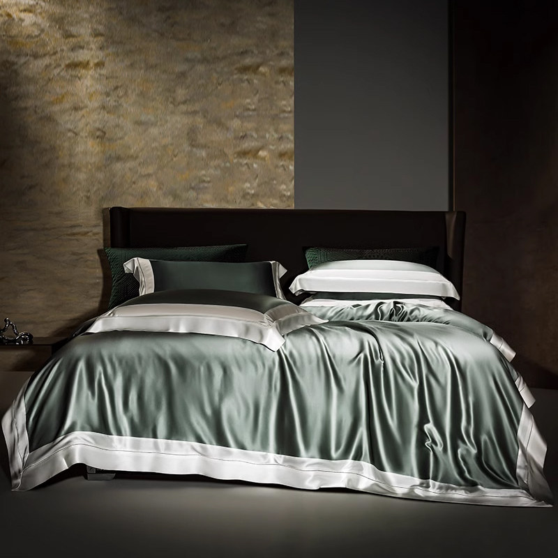 高档真丝100%桑蚕丝四件套宽边镂空简欧纯色套件单双人床上用品