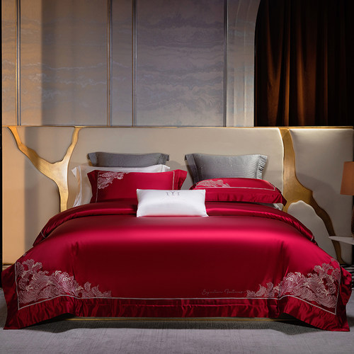 高端奢华真丝棉床上用品四件套高档婚庆刺绣被套床单结婚陪嫁套件