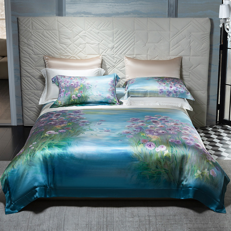 重磅真丝四件套100%桑蚕丝印花被套床单高端艺术丝绸床上用品套件