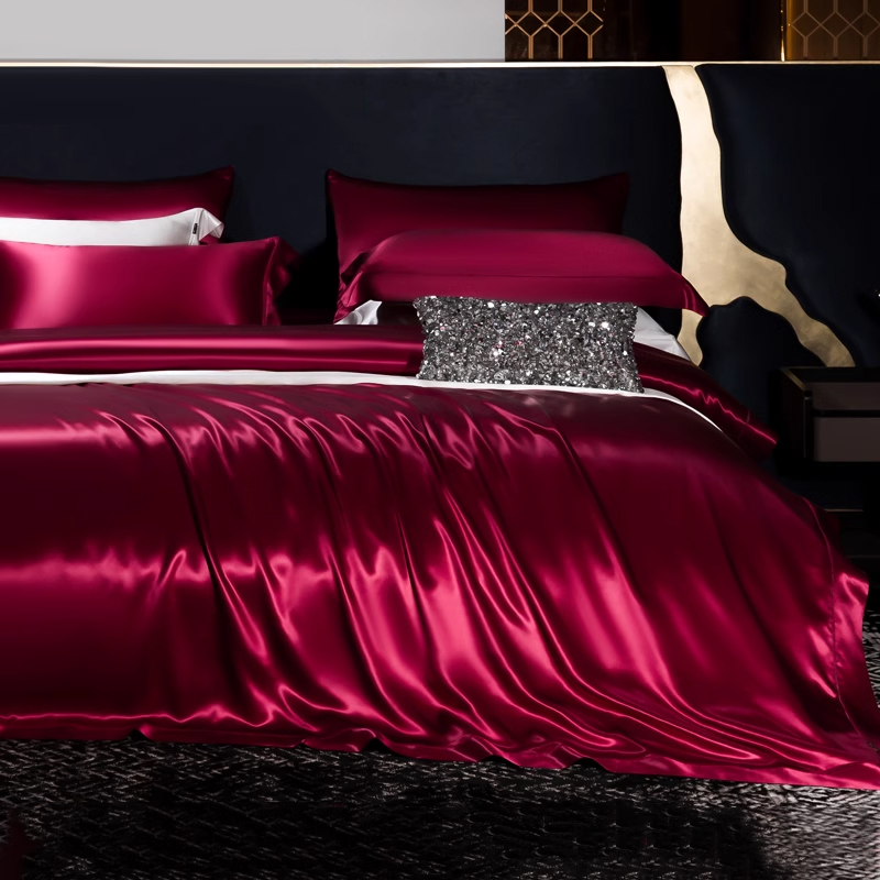 高端贵族宫廷真丝床上四件套重磅纯色镂空100%桑蚕丝丝绸床单被套