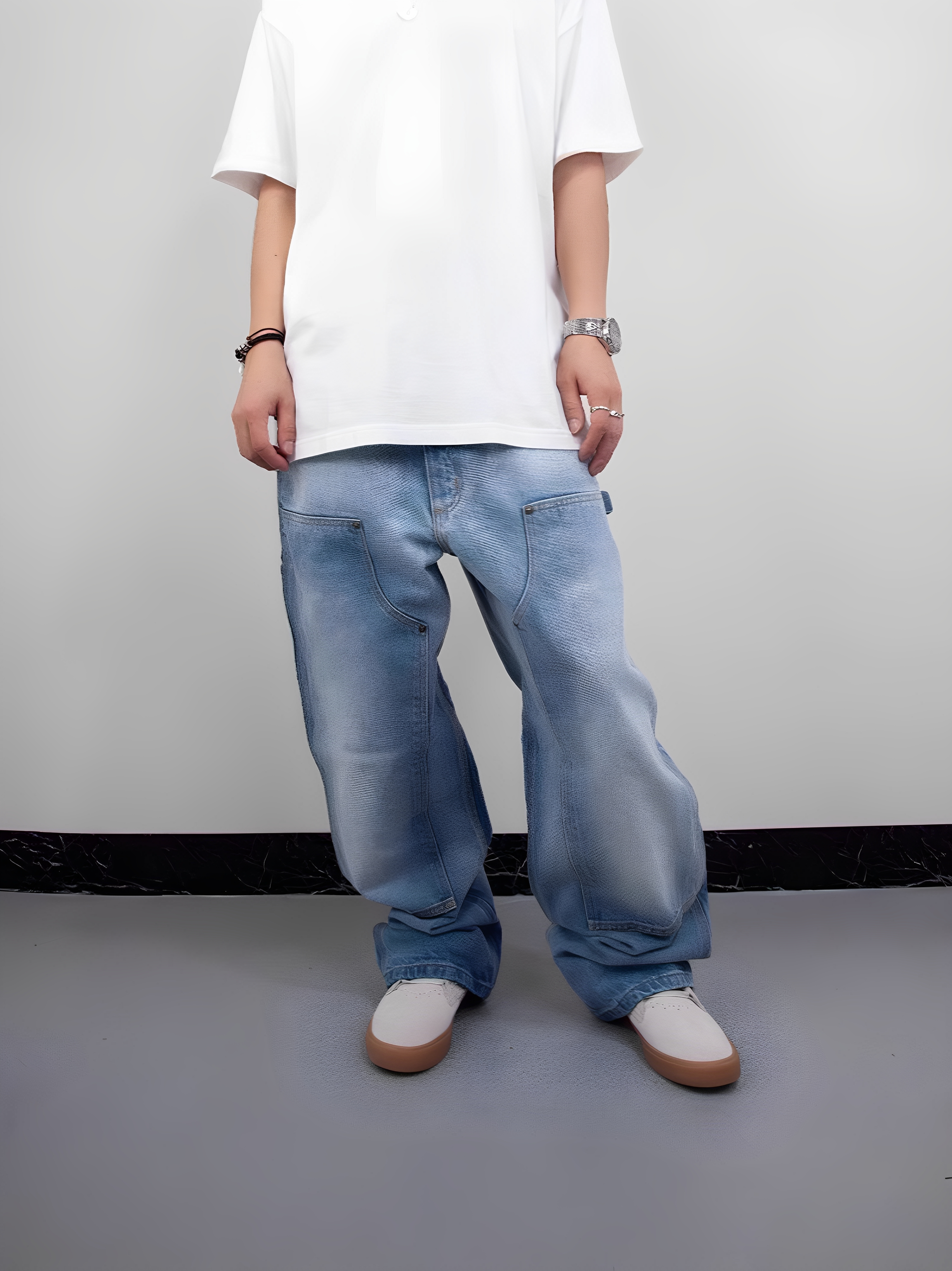 自主款Carhart卡哈伐木工日系工装风牛仔裤男女宽松直筒高街浅蓝