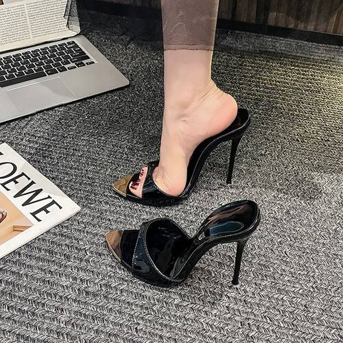 超高跟拖鞋女外穿10CM12CM金属头红底细高跟拍照出片夏季新款凉鞋