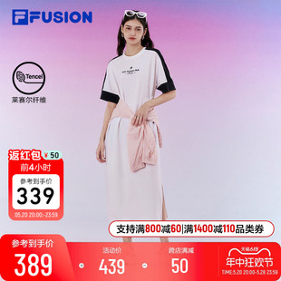 FILA 新款 休闲开衩T恤裙子长裙 FUSION斐乐潮牌女子连衣裙2024夏季