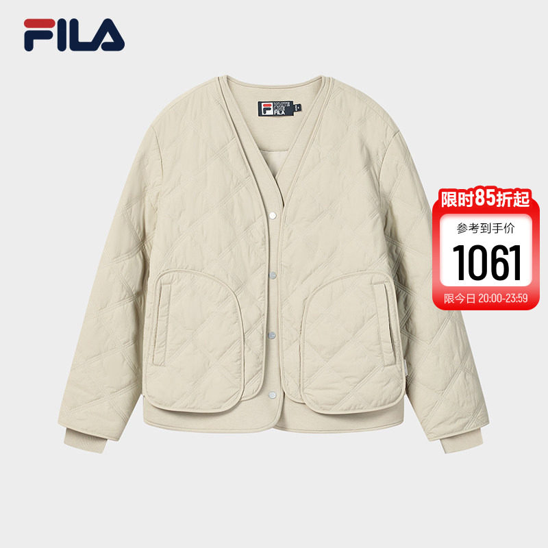 FILA 斐乐官方女士棉服2026春新款时尚休闲绗缝V领假两件保暖外套