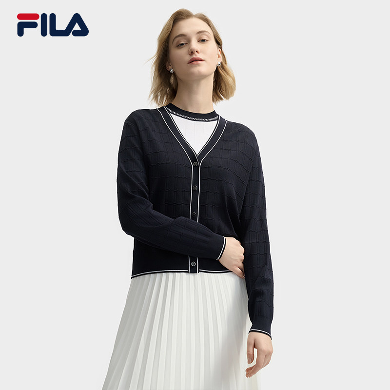 FILA 斐乐官方女士编织外套2025夏季新款时尚休闲舒适V领毛