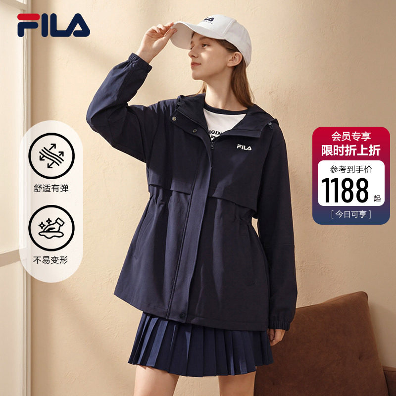 FILA斐乐风衣女中长款2026秋季新款黑色风衣女小个子收腰运动外套