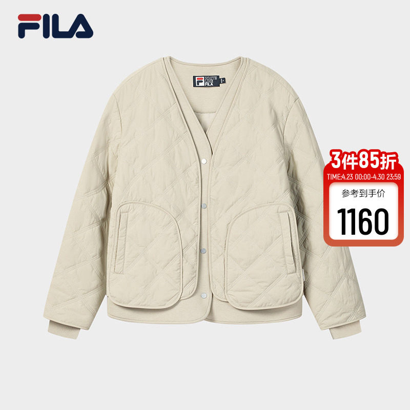 FILA 斐乐官方女士棉服2026春新款时尚休闲绗缝V领假两件保暖外套