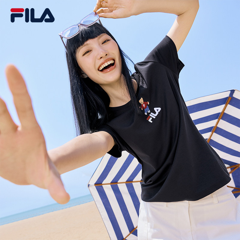 FILA斐乐官方女针织短袖衫夏季新款小熊刺绣休闲纯棉T恤运动上衣