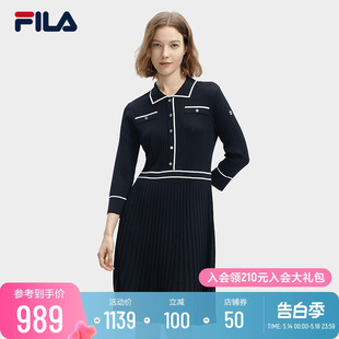 新款 时尚 斐乐官方女子编织连衣裙2024春季 FILA 休闲撞色翻领裙子