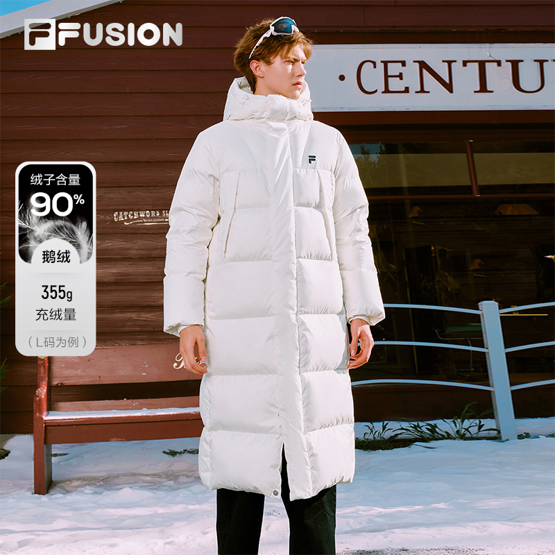 FILA FUSION斐乐潮牌情侣款长款羽绒服2025冬季新款保暖连帽外套