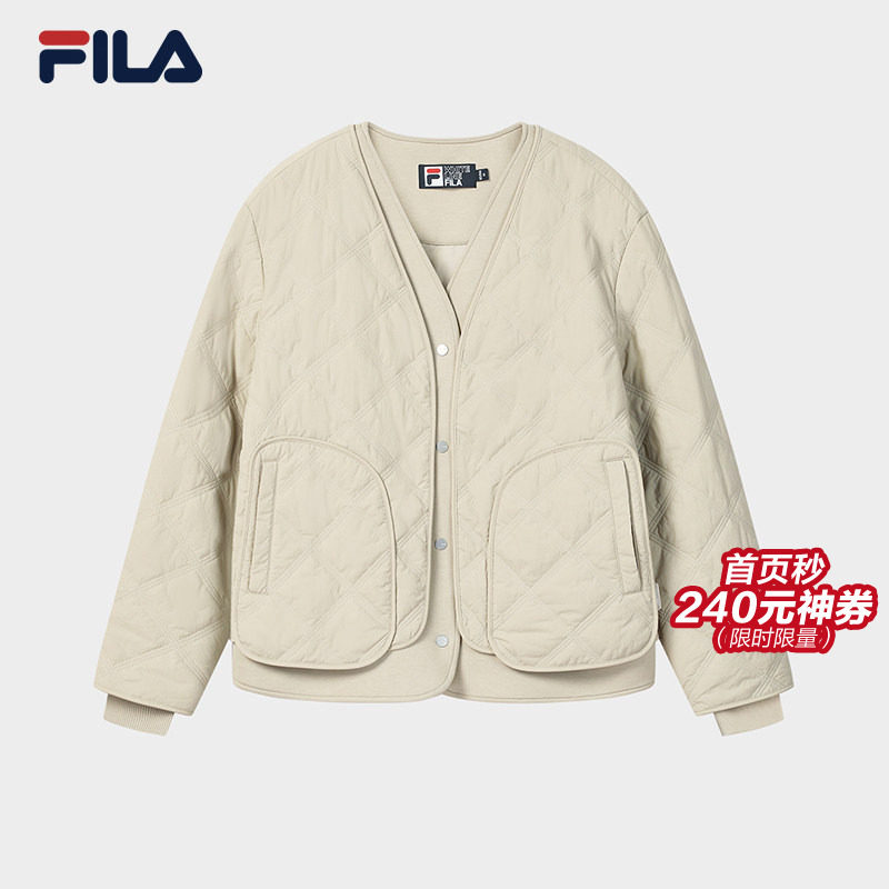 FILA 斐乐官方女士棉服2026春新款时尚休闲绗缝V领假两件保暖外套