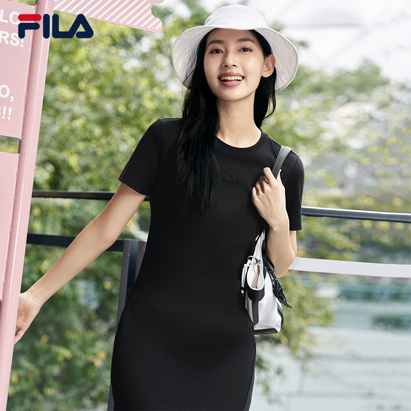 FILA斐乐连衣裙女2025夏新款女装裙子开叉简约修身显瘦短袖t