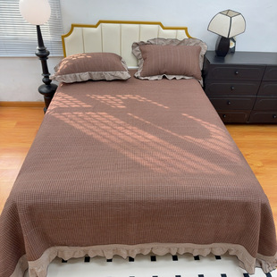 色织水洗棉绗缝夹棉全棉床盖三件套防滑不跑床大床单四季通用