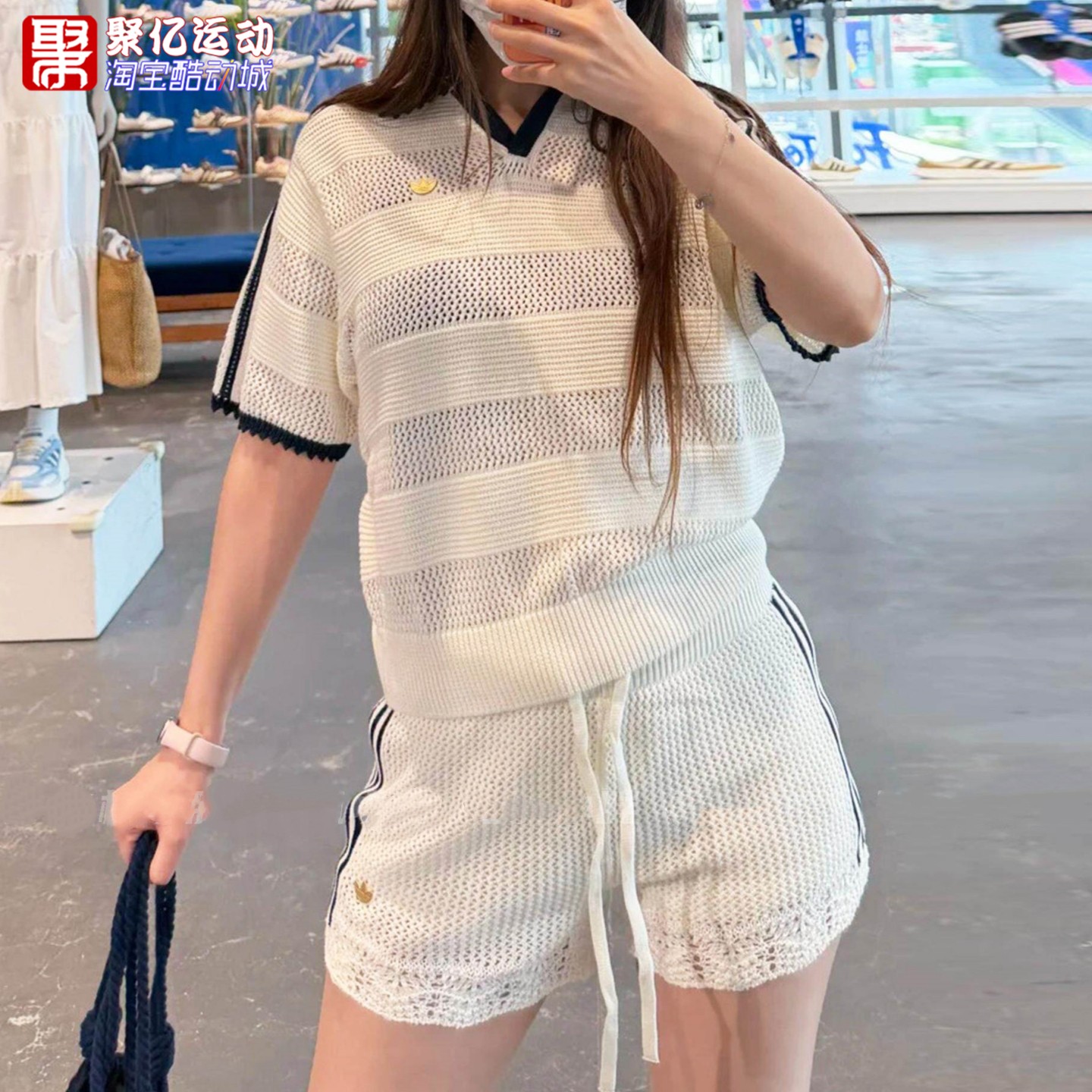 阿迪达斯女子复古时尚度假风针织短袖短裤 KX0723 0713 0714 0724