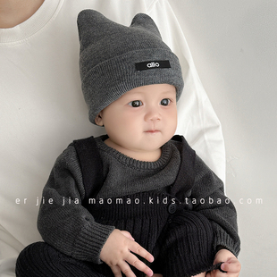 婴儿帽子秋冬季小月龄针织帽简约百搭字母男女宝宝套头保暖毛线帽
