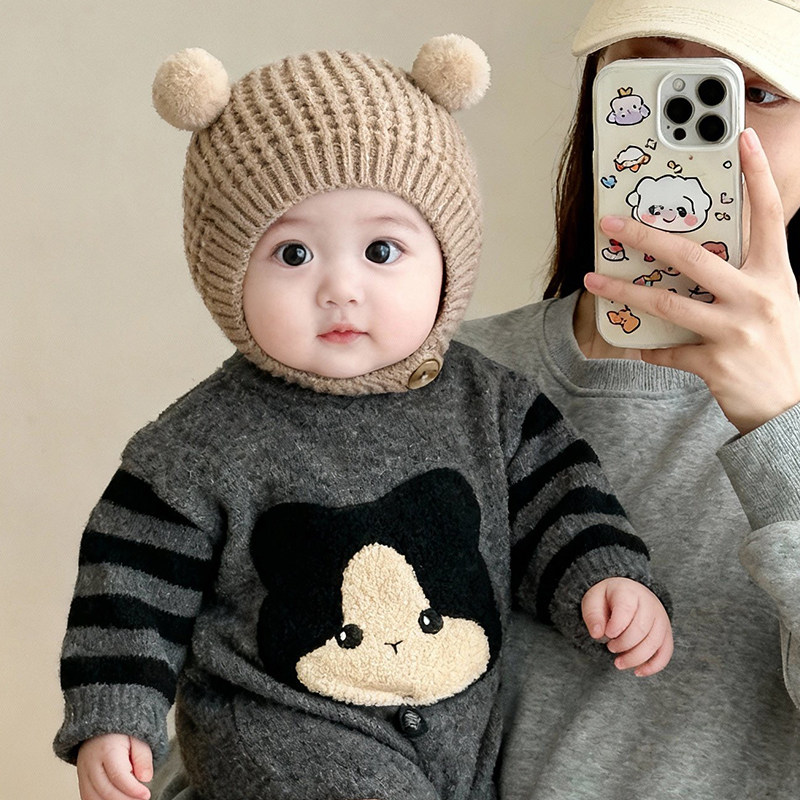 婴儿帽子秋冬季保暖可爱球球男女宝宝护耳针织帽小月龄毛线包头帽