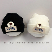 婴儿帽子秋冬季 小月龄针织帽0 6个月简约字母贴标保暖套头毛线帽