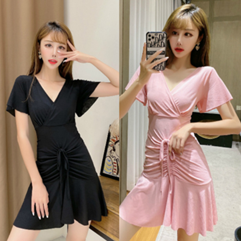 网红同款直播服装女主播衣服夏上镜性感低胸诱惑超短裙抽绳连衣裙