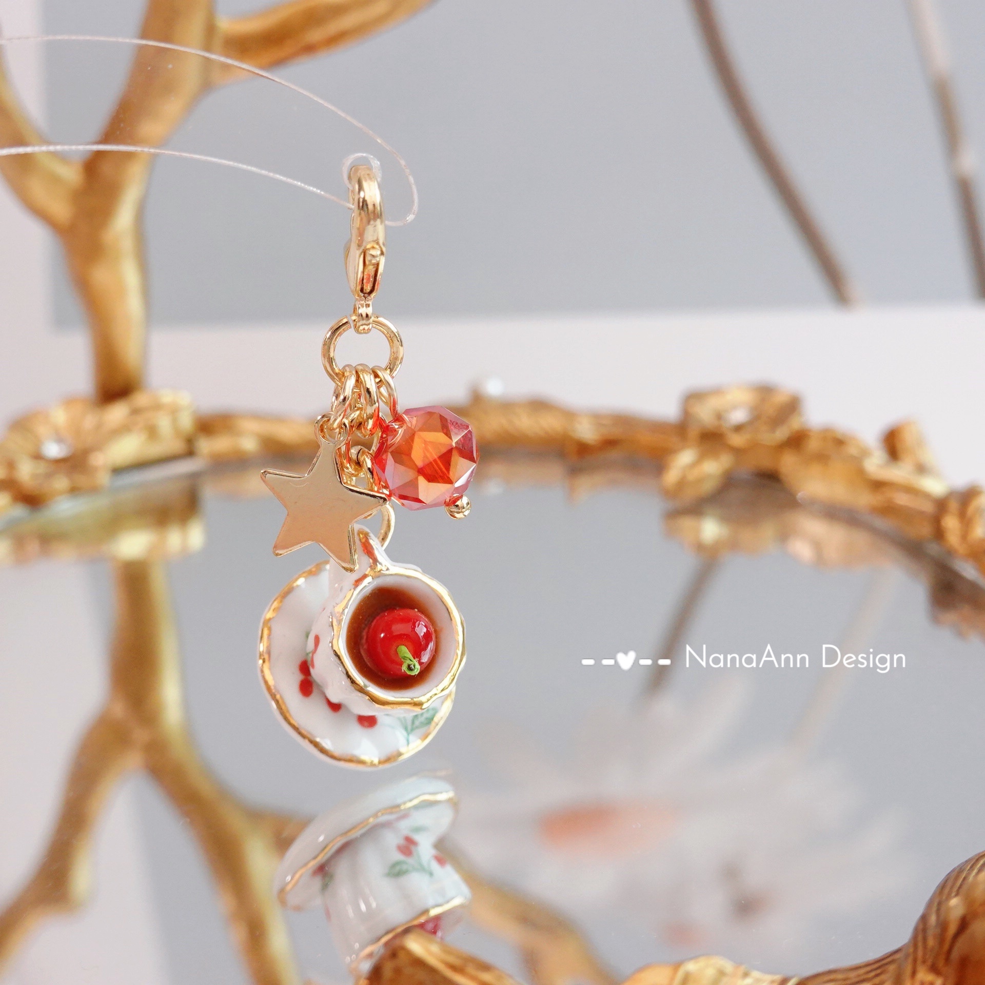 原创食玩粘土樱桃陶瓷咖啡杯挂件