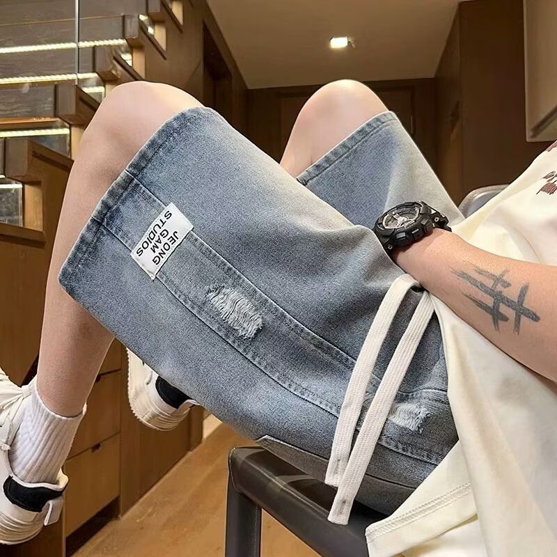新款2025牛仔短裤男款夏季薄款刮烂中裤美式高街宽松直筒五分裤子