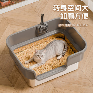 加厚新款不锈钢猫砂盆超大号加高加宽上盖围栏顶入式防外溅猫厕所